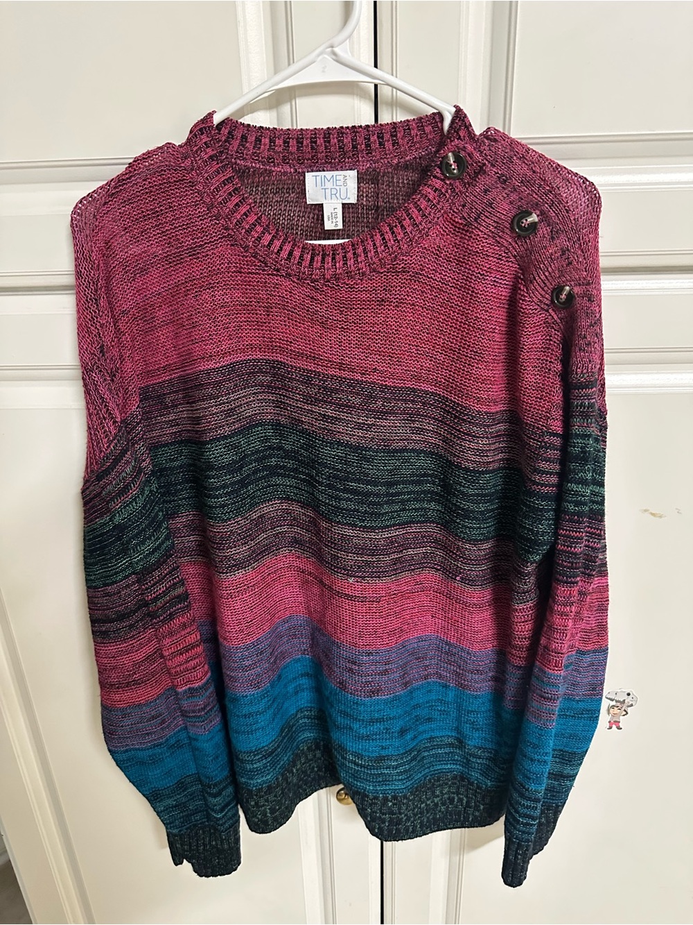 Time and Tru Pink Teal Blue Striped Button-Shoulder Sweater